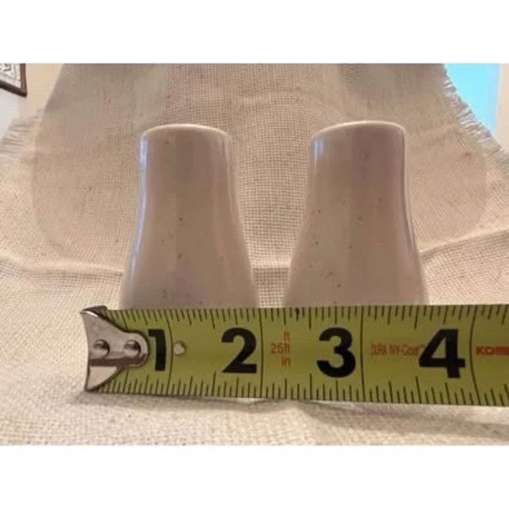 Vintage Stonybrook Salt & Pepper Shakers Set White Speckled Green Band